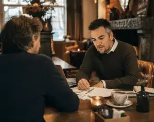 HD Rondhuis bespreekt commerciële resultaten met een hoteleigenaar in de lobby — aan tafel, op basis van concrete cijfers.