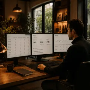 Een revenue manager achter een computer met rapportages die kloppen. Hij heeft commerciële slagkracht