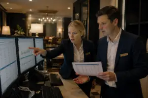 Twee hotelmedewerkers bekijken bezorgd meerdere schermen met afwijkende cijfers bij de receptie van een hotel. Eén medewerker wijst naar een scherm terwijl de ander een rapport vasthoudt. Warme hotelomgeving met professionele hospitality-uitstraling.