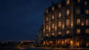 Exterieur van een boutique hotel bij schemering met warme verlichting in de kamers, tegen een diepblauwe avondlucht. De klassieke Europese gevel straalt rust, kwaliteit en gastvrijheid uit, met veel donkere ruimte links in beeld.