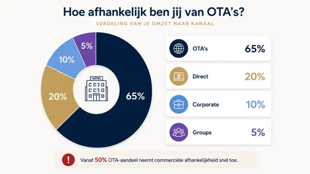 Infographic over OTA-afhankelijkheid in hotels met de titel "Hoe afhankelijk ben jij van OTA’s?". Een grote donutgrafiek toont de omzetverdeling per boekingskanaal, waarbij OTA’s 65% van de omzet vertegenwoordigen tegenover 20% directe boekingen, 10% corporate boekingen en 5% groepsboekingen. De visual laat zien hoe een hoog OTA-aandeel de commerciële afhankelijkheid van een hotel vergroot. Onderaan benadrukt een waarschuwing dat vanaf 50% OTA-aandeel de afhankelijkheid van externe boekingsplatformen snel toeneemt. De infographic is vormgegeven in een zakelijke stijl met donkerblauw, goud, lichtblauw en paars.