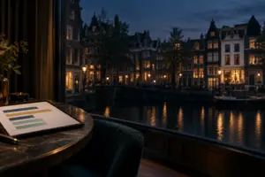 Vergelijkingsgrafiek in een hotelkamer met zicht op andere hotels aan een Nederlandse gracht