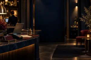 Betaalterminal, kamersleutels en laptop op de balie van een hotelreceptie