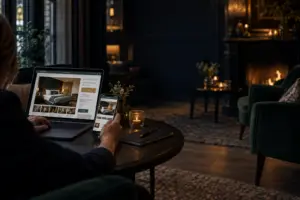 Dezelfde hotelkamer op een laptop en smartphone via twee boekingskanalen