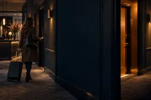 Hotelgast loopt met een koffer en sleutelkaart van de receptie naar een kamer